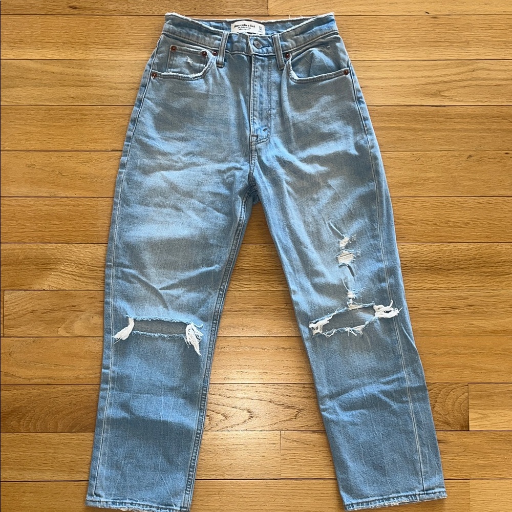 Abercrombie Ankle Straight High Rise Light Blue Distressed Jeans